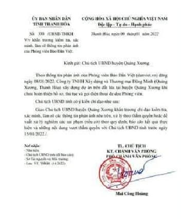 Văn bản chỉ đạo của Chủ tịch UBND tỉnh Thanh Hóa Đỗ Minh Tuấn.