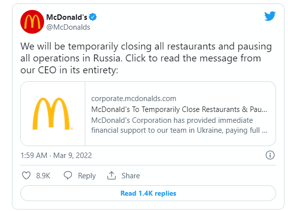 McDonald's Corp sẽ tạm thời đóng cửa đóng cửa tất cả các nhà hàng của mình tại Nga, bao gồm cả địa điểm tại Quảng trường Pushkin. (Ảnh: World Republic News).