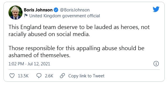 Bình luận trên Twitter của Thủ tướng Anh Boris Johnson.