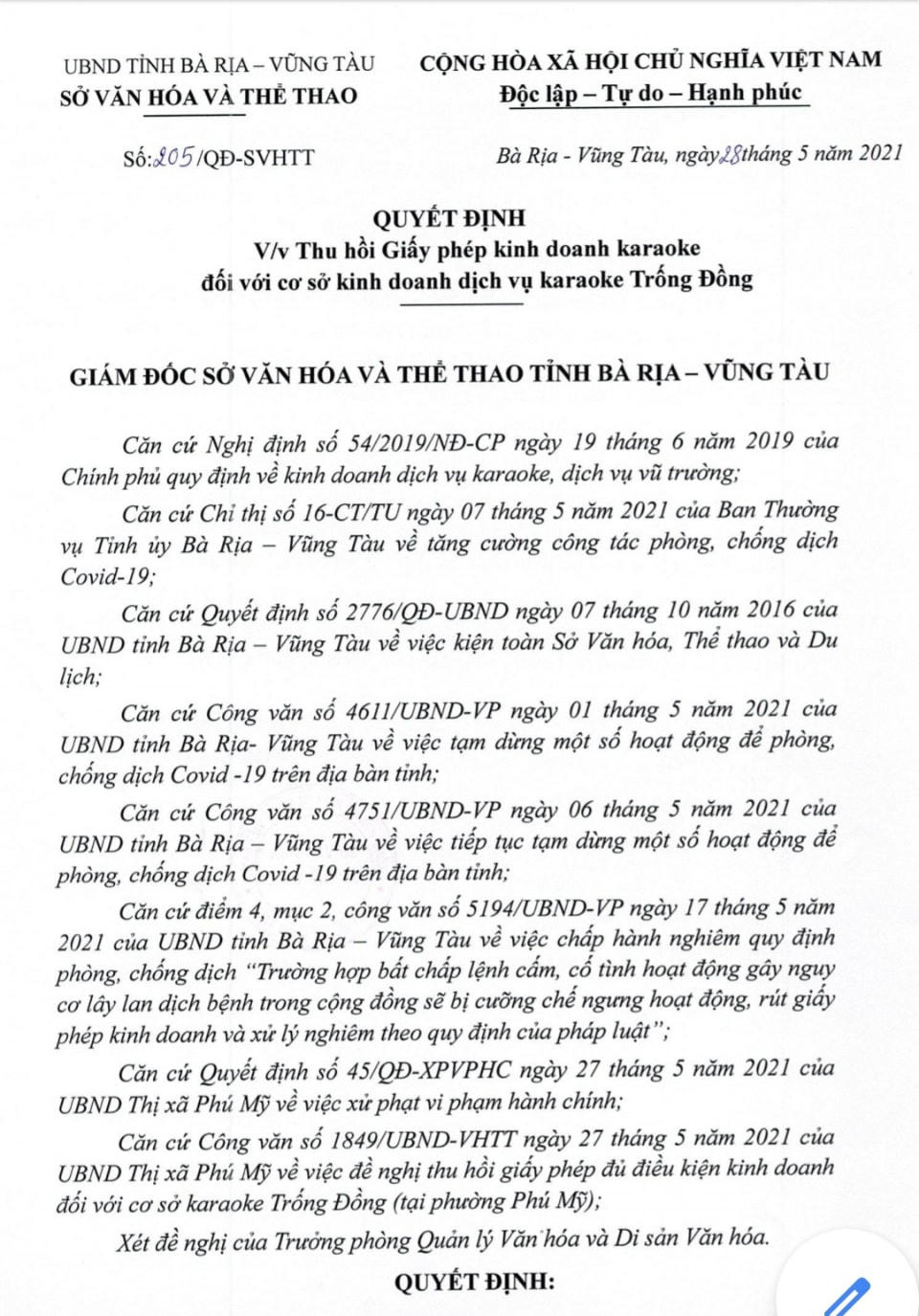 Sở VHTT tỉnh ban hành Quyết định thu hồi giấy phép kinh doanh karaoke đối với cơ sở kinh doanh karaoke Trống Đồng.