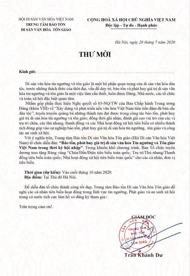 Thư mời của Trung tâm Bảo tồn Di sản Văn hóa Tôn giáo.