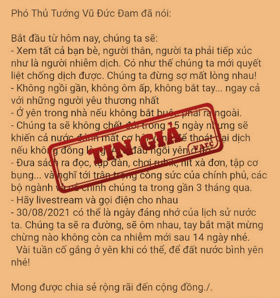 Một số tài khoản cá nhân trên mạng xã hội đã chia sẻ nội dung giả mạo phát ngôn của Phó Thủ tướng Chính phủ Vũ Đức Đam.