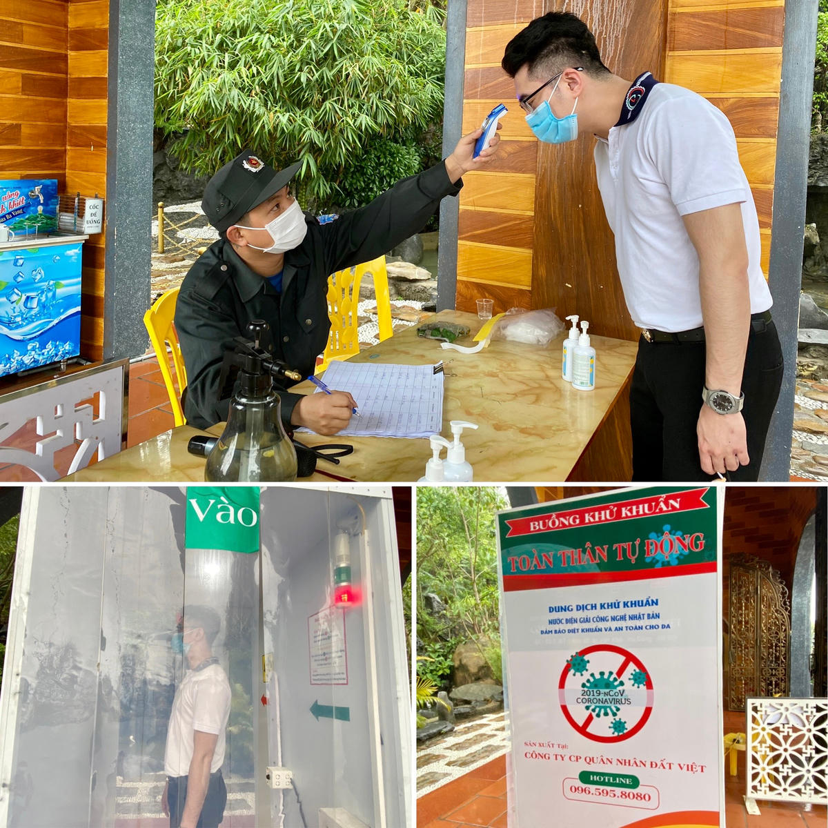 Du khách thực hiện khử khuẩn toàn thân trước khi khai báo y tế tại cổng chùa Ba Vàng.