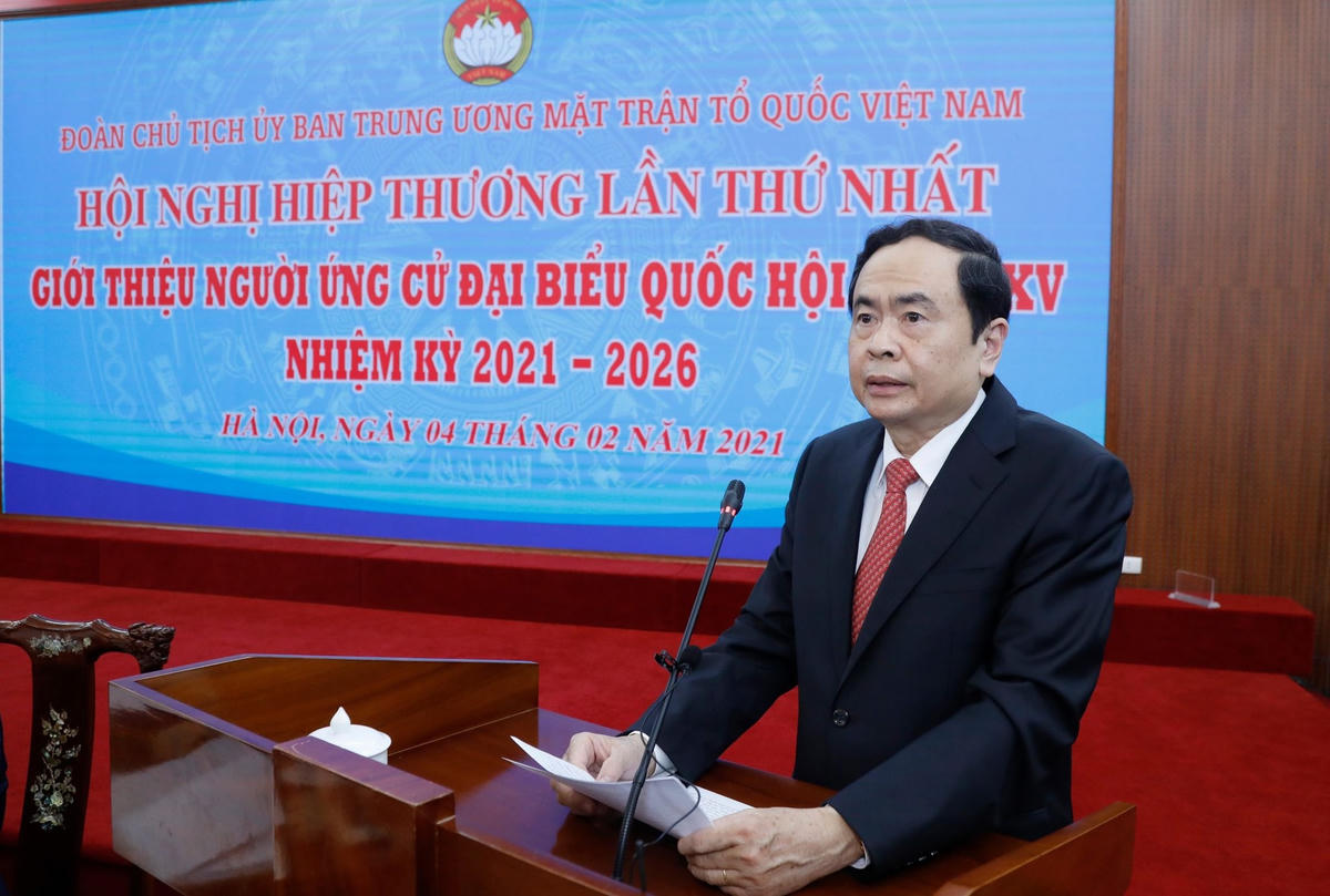 Ủy viên Bộ Chính trị, Chủ tịch UBTƯ MTTQ Việt Nam Trần Thanh Mẫn phát biểu tại Hội nghị. Ảnh: Quang Vinh.