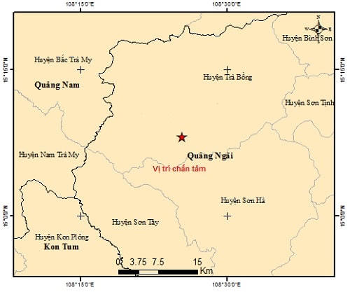 Vị trí nơi xảy ra động đất 3.0 độ richter ở khu vực huyện Trà Bồng. (Ảnh Viện vất lý địa cầu)