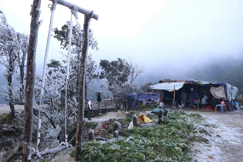 Băng giá dày đặc đoạn đèo Ô Quý Hồ thuộc địa phận tỉnh Lai Châu đi Sa Pa. (Ảnh: Nguyễn Oanh/TTXVN).