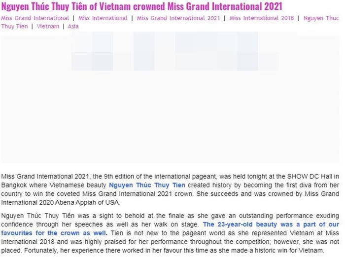 Các chuyên trang sắc đẹp quốc tế đăng tải bài viết về Thùy Tiên. Chuyên trang Angelopedia viết, Thùy Tiên là một thí sinh gây chú ý trong đêm chung kết khi rất tự tin trong các phần thi ứng xử cũng như lối trình diễn xuất sắc. Trước chung kết, Thùy Tiên luôn là thí sinh được chuyên trang này yêu thích. Angelopedia còn viết, Thùy Tiên không lọt top ở Hoa hậu Quốc tế 2018 nhưng kinh nghiệm thi quốc tế giúp cô mang về cho nhan sắc Việt Nam vương miện Hoa hậu Hòa bình Quốc tế.