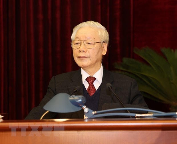 Tổng Bí thư, Chủ tịch nước Nguyễn Phú Trọng phát biểu bế mạc Hội nghị. (Ảnh: Trí Dũng/TTXVN).