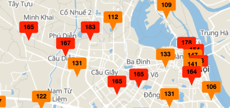 Chỉ số chất lượng không khí (AQI) nhiều nơi tại Hà Nội ở mức kém và xấu. (Nguồn: Cổng TTMT UBND TP Hà Nội)