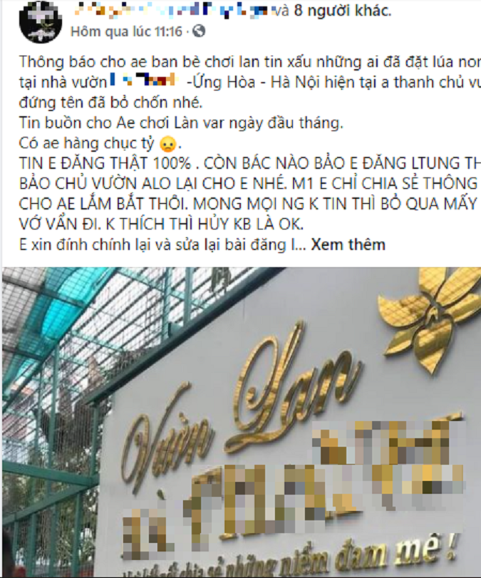 Một tài khoản facebook đã chia sẻ thông tin về chủ vườn lan H.T.
