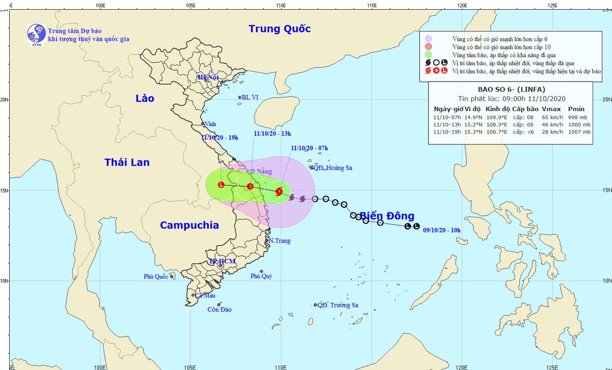 Vị trí và hướng di chuyển của bão số 6. (Ảnh: NCHMF).