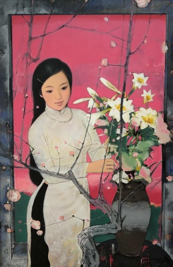 "Hoa đào và hoa loa kèn Hà Nội," tranh Nguyễn Cường.  (Ảnh: Minh Thu/Vietnam+).