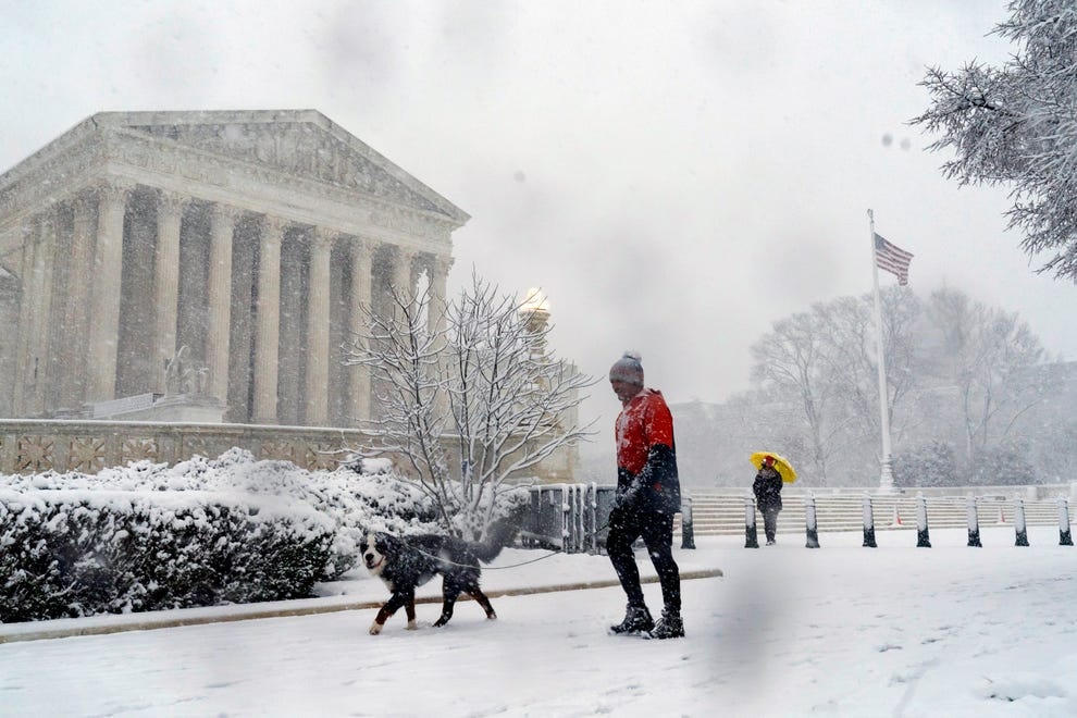 Người đàn ông dắt thú cưng đi dạo gần Tòa án Tối cao ở thủ đô Washington ngày 3/1/2022. Ảnh: USA Today.