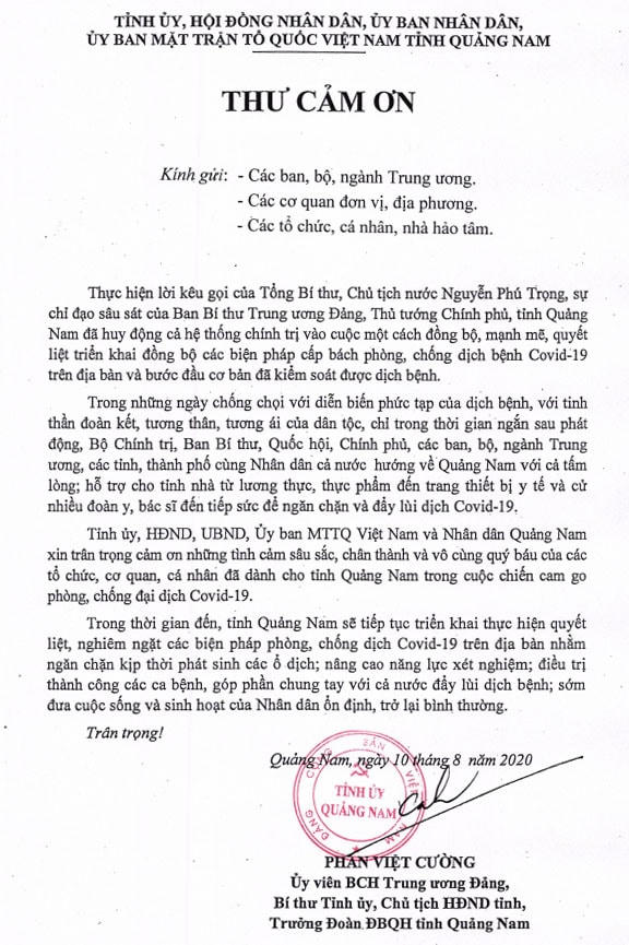 Lá thư cảm ơn của Bí thư tỉnh ủy Quảng Nam.