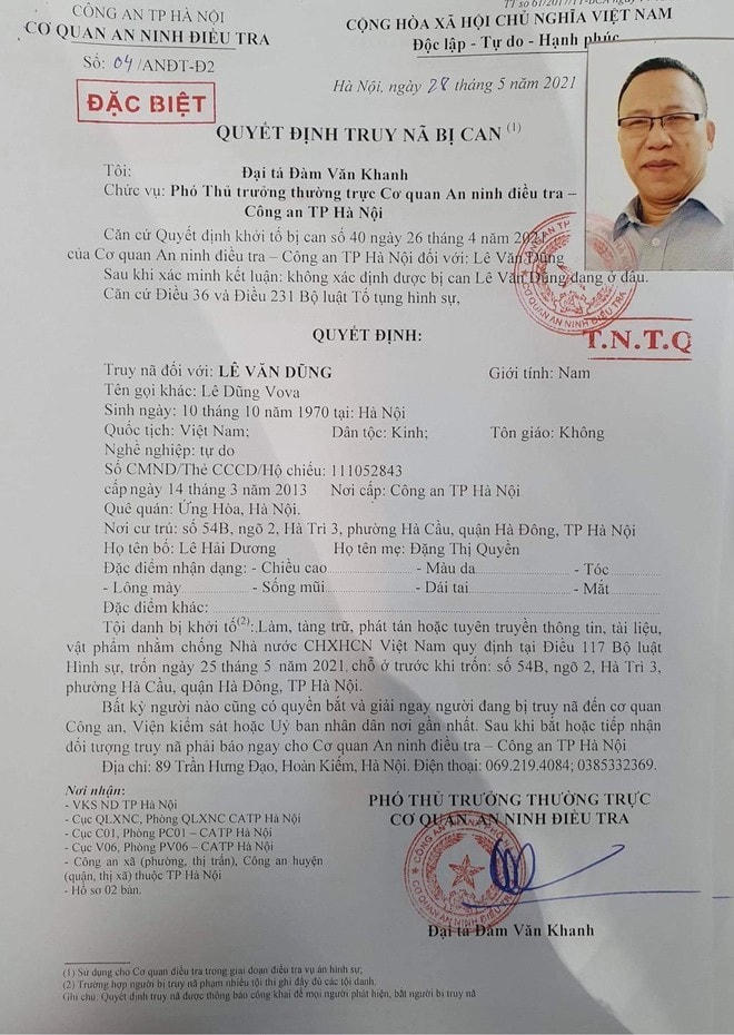 Quyết định truy nã bị can Lê Văn Dũng.