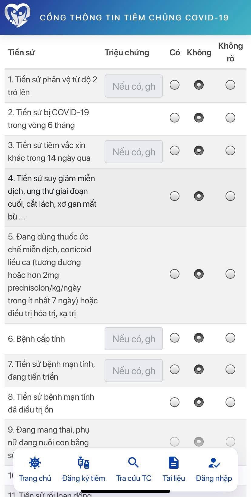 Nhập thông tin tiền sử bệnh