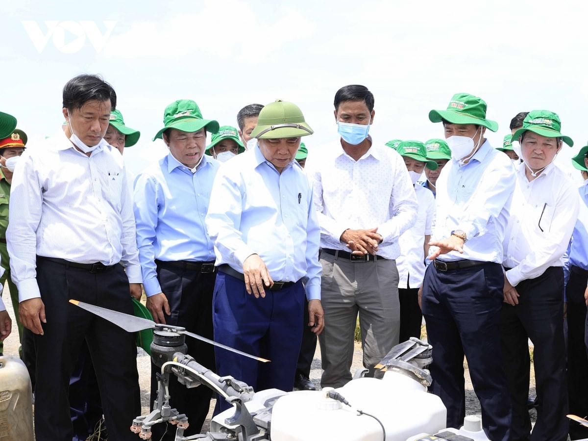 Chủ tịch nước Nguyễn Xuân Phúc thăm mô hình sản xuất của HTX dịch vụ nông nghiệp Mỹ Đông 2. Ảnh: VOV.