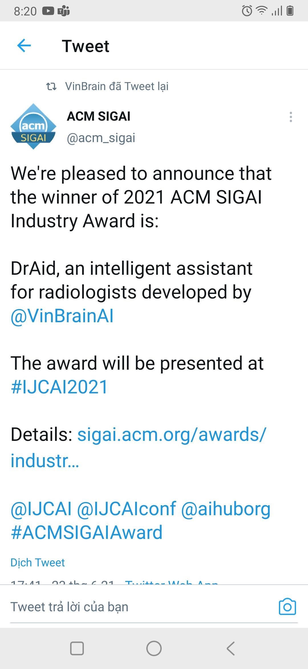 Ban tổ chức công bố sản phẩm DrAid của VinBrain giành giải thưởng “ACM SIGAI Industry Award 2021” trên Twiter chính thức.