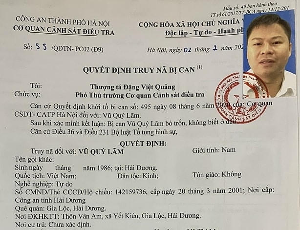Quyết định truy nã của cơ quan công an đối với Vũ Quý Lãm. Ảnh: CACC