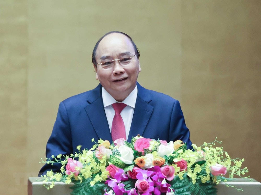 Thủ tướng Nguyễn Xuân Phúc giới thiệu, quán triệt chuyên đề: 'Chiến lược phát triển kinh tế-xã hội 10 năm 2021-2030 và phương hướng, nhiệm vụ phát triển kinh tế-xã hội 5 năm 2021-2025.' (Ảnh: Thống Nhất/TTXVN).
