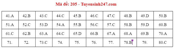 Đáp án tham khảo đề thi môn Hóa học THPT Quốc gia mã đề 205.