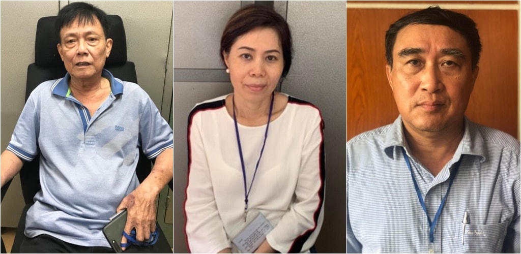 Các bị can Phạm Văn Thắng, Nguyễn Thị Ngọc Uyên, Trần Quốc Hùng (Từ trái qua)