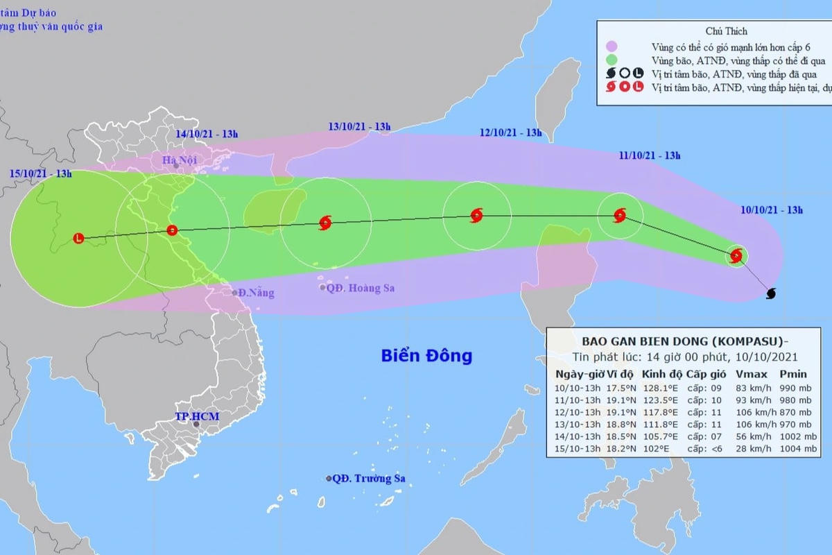 Bão Kompasu đang tăng tốc vào Biển Đông. Nguồn: Trung tâm Khí tượng Thủy văn Quốc gia.