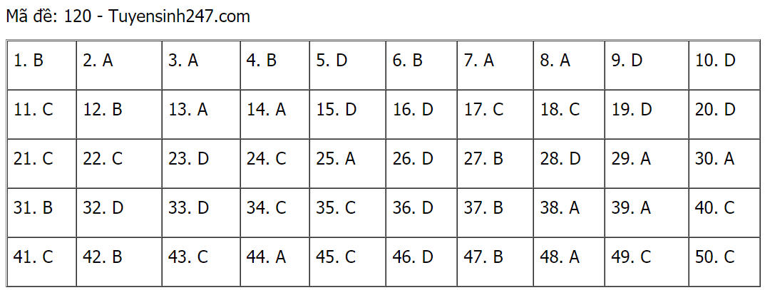 Đáp án (tham khảo) môn Toán thi tốt nghiệp THPT 2021 mã đề 120.