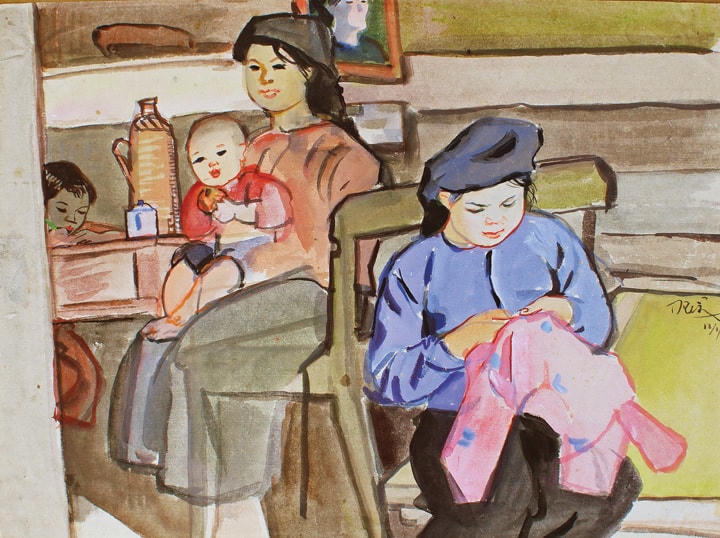 Khâu áo cho con (ký họa màu, 1955).  