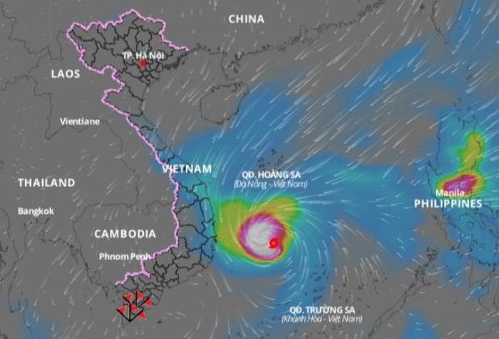   Vị trí tâm bão cách Bình Định - Phú Yên khoảng 270km. Ảnh: vndms.