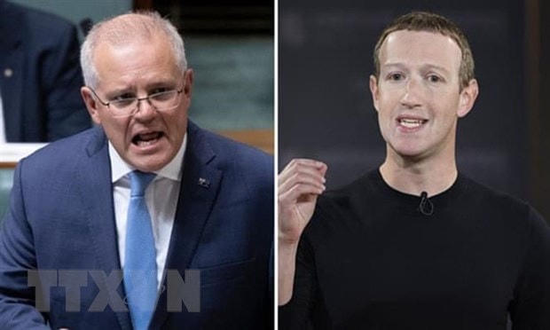 Thủ tướng Australia Scott Morrison (trái) và Nhà sáng lập kiêm Giám đốc điều hành Facebook Mark Zuckerberg. (Ảnh: AP/TTXVN).