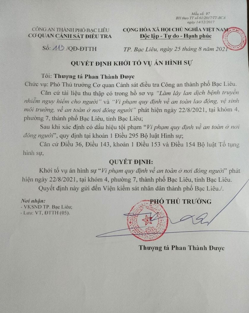 Quyết định khởi tố vụ án hình sự liên quan đến chùm ca bệnh tại Công ty F88 ở TP Bạc Liêu.