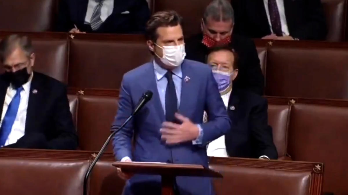 Hạ nghị sĩ Đảng Cộng hòa Matt Gaetz phát biểu tại lưỡng viện sau cuộc bạo loạn. Ảnh cắt từ clip.