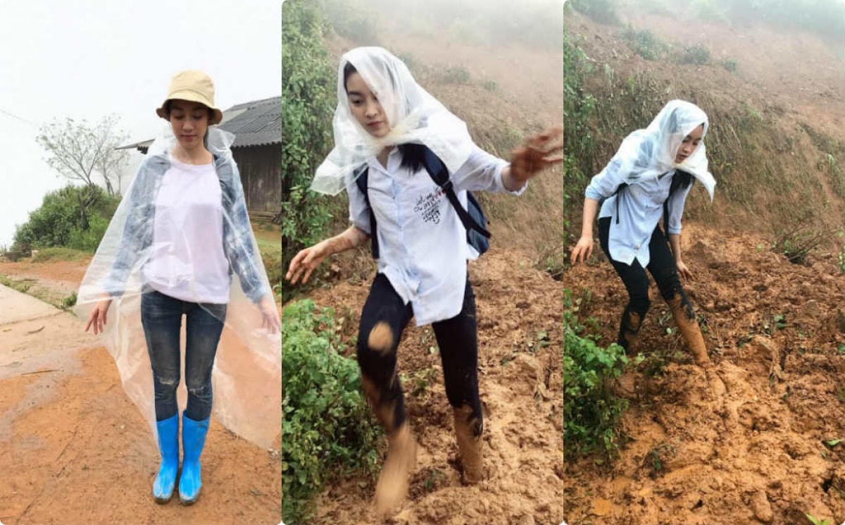 Hoa hậu Đỗ Mỹ Linh trên đường thực hiện dự án "Thắp sáng mặt trời - cõng điện lên bản" tại thôn Cu Vai, xã Xà Hồ, Trạm Tấu, một huyện vùng sâu của tỉnh Yên Bái.
