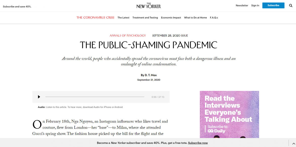 Bài báo được đăng tải trên tờ The New Yorker, ngày 21/9/2020.