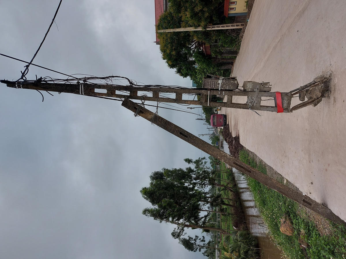 Một cây cột điện đã gãy phải chống đỡ một cây cột điện sắp gãy.