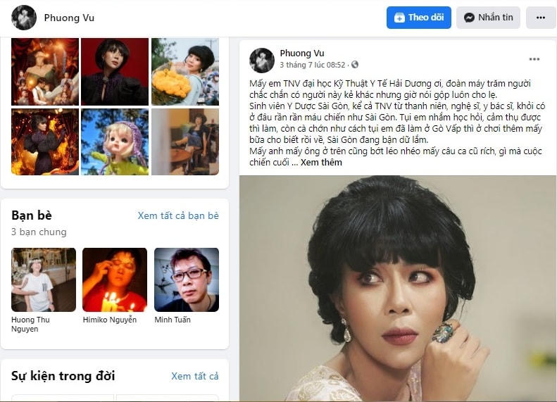 Trang Facebook của MC Vũ Hoài Phương (nghệ danh Trác Thuý Miêu).
