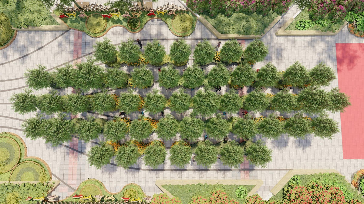 Tại vị trí trung tâm cùng 2 cổng chào tạo thành hình tam giác là hình ảnh tán rừng “Cây cao bóng cả” do 51 cây lộc vừng cao 3 – 4m, được bố trí thành 5 dãy theo hình zíc zắc. Các hàng cây có chiều dài tăng dần từ ngoài vào trong làm tăng độ bao phủ, tạo bóng râm cho khu vực bên dưới, rộng hơn 250m2.