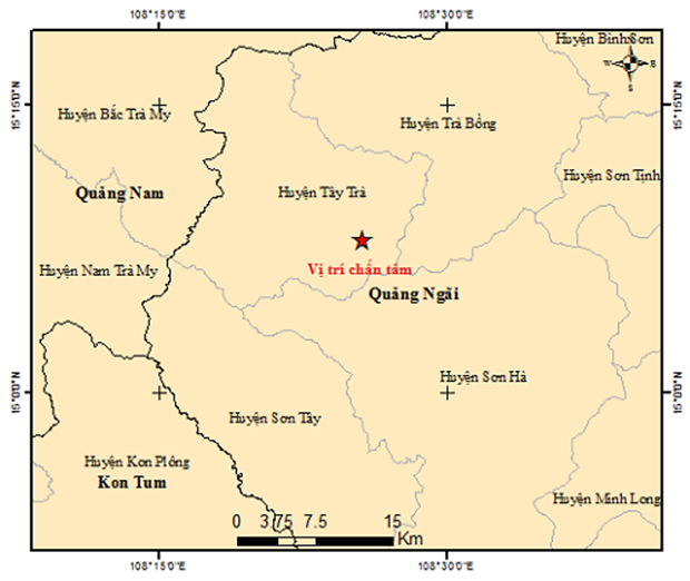 Bản đồ tâm chấn động đất xảy ra tại huyện Bắc Trà My, tỉnh Quảng Nam. (Nguồn: Viện VLĐC).  