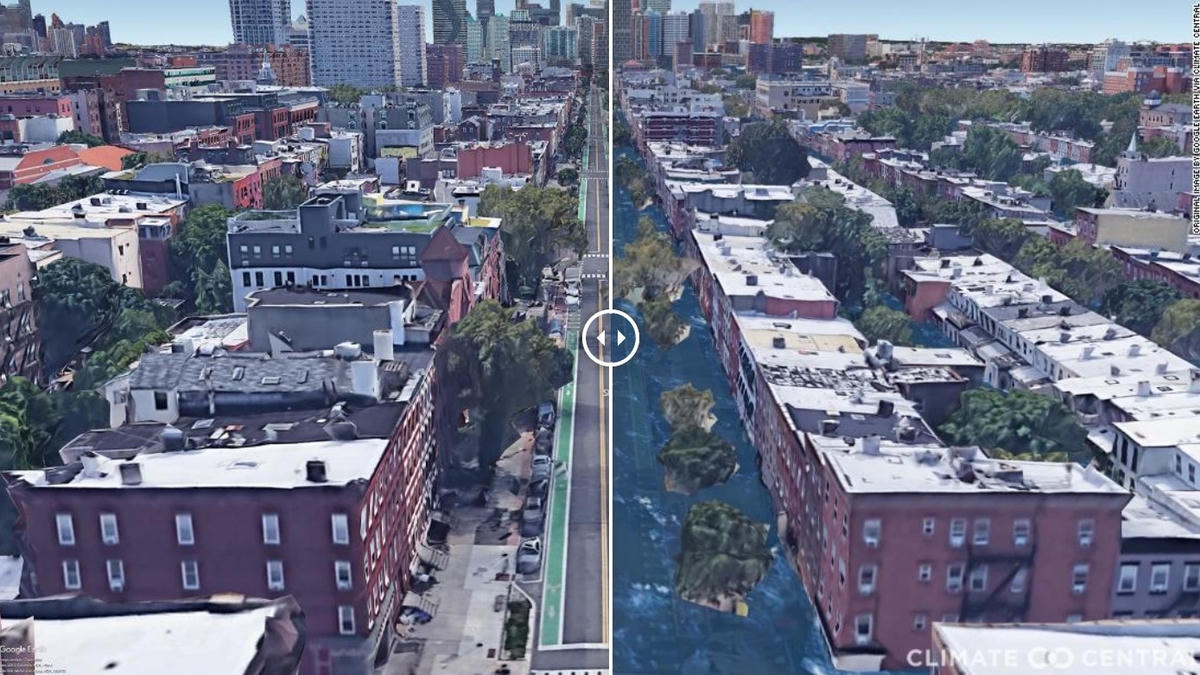 Hình ảnh thành phố Hoboken ở New Jersey nếu Trái đất nóng lên 3 độ C. Ảnh: CNN