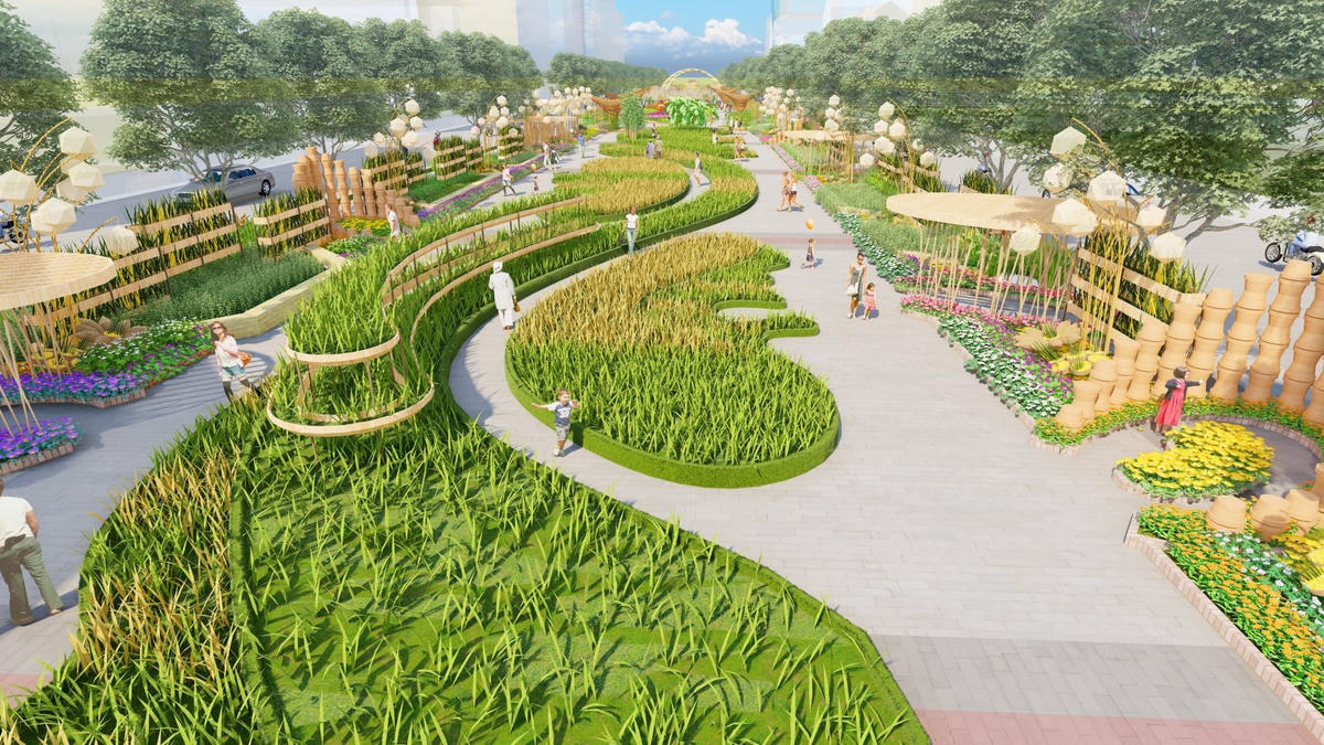 Xung quanh khu vực này sẽ là những hình ảnh quen thuộc nhưng được thể hiện theo thủ pháp hoàn toàn mới. Cánh đồng lúa truyền thống từng xuất hiện nhiều lần trên Đường hoa, năm nay được thể hiện mềm mại, uốn lượn như dải lụa và được phân tầng rõ rệt với độ cao đến 2m. Trên diện tích hơn 600m2, khách tham quan sẽ tản bộ giữa một bên là ruộng lúa tầng cao gợi nhớ hình ảnh thửa ruộng bậc thang miền núi và một bên là ruộng lúa tầng thấp của những thửa ruộng miền xuôi.