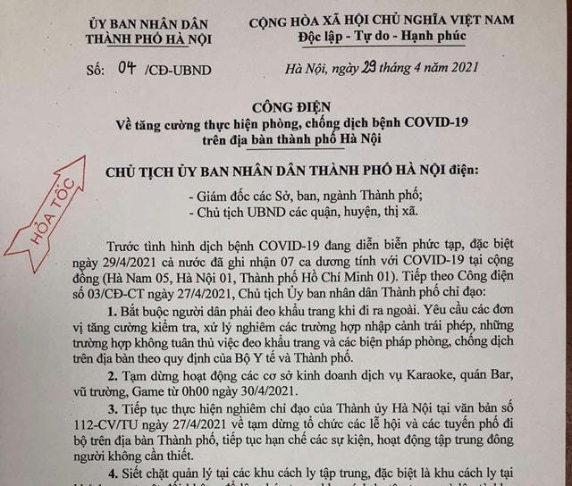 Công điện của UBND TP Hà Nội.