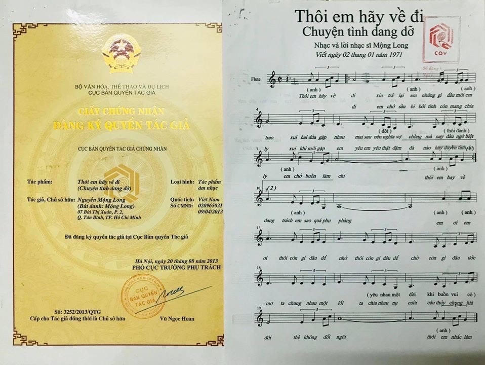Chứng nhận bản quyền tác phẩm “Thôi em hãy về đi” của tác giả Mộng Long..