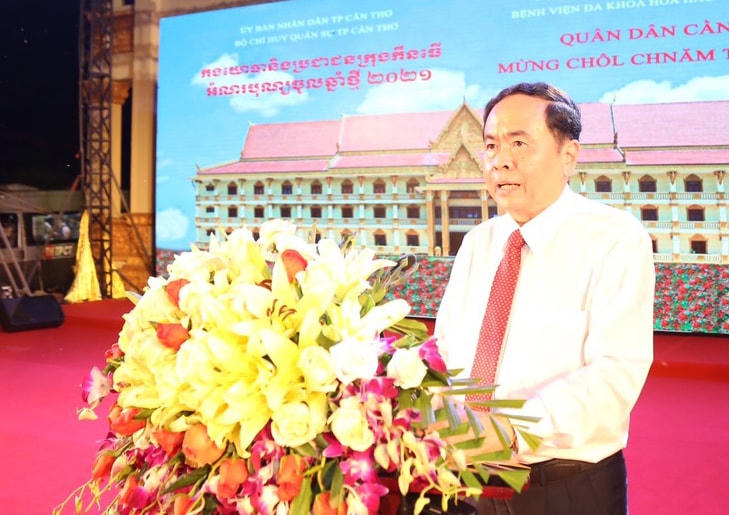 Ông Trần Thanh Mẫn, Ủy viên Bộ Chính trị, Phó Chủ tịch Thường trực Quốc hội, Chủ tịch UBTƯ MTTQ Việt Nam phát biểu, chúc Tết 
