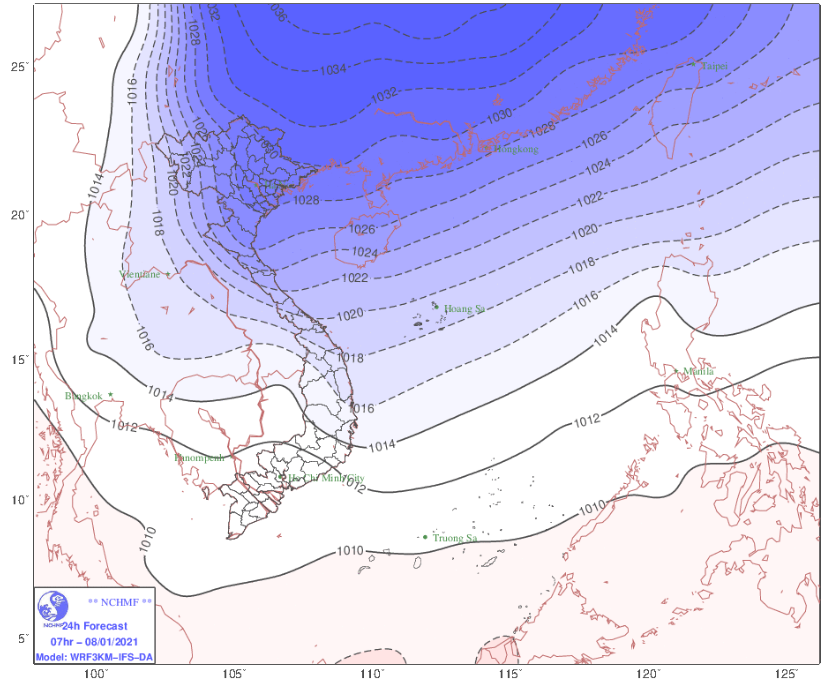 Không khí lạnh tăng cường từ rạng sáng ngày 8/1. (Nguồn: TTKTTV)