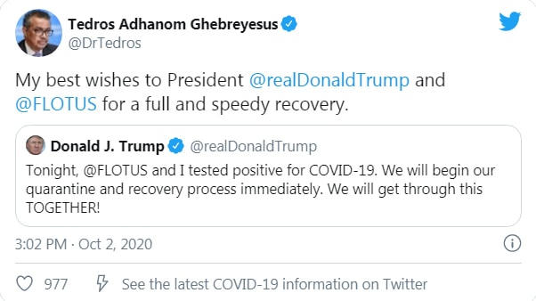 Dòng tweet của ông Tedros Adhanom Ghebreyeusus, Giám đốc WHO.