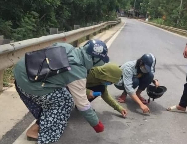 Hình ảnh các em học sinh nhặt đinh vương vãi trên đường.