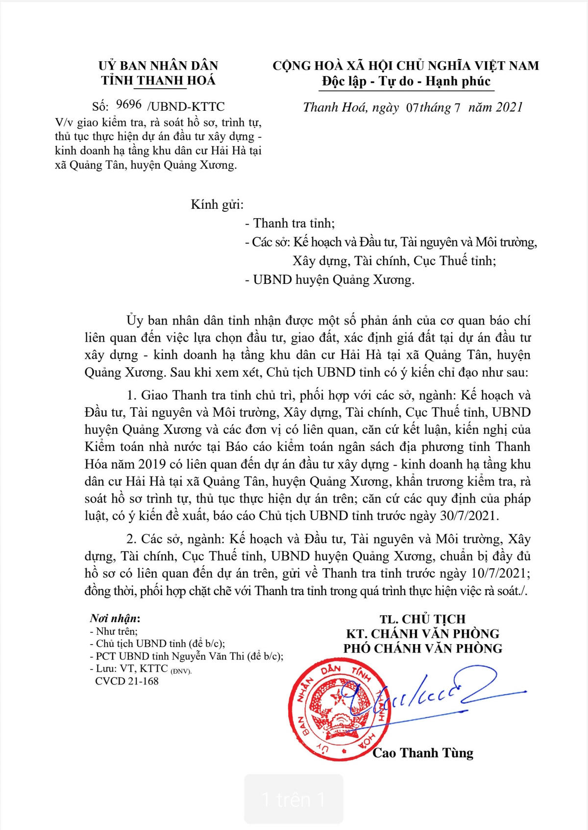 Chủ tịch UBND tỉnh Thanh Hoá Đỗ Minh Tuấn chỉ đạo kiểm tra toàn diện việc báo chí phản ánh các sai phạm ở dự án khu dân cư Hải Hà.