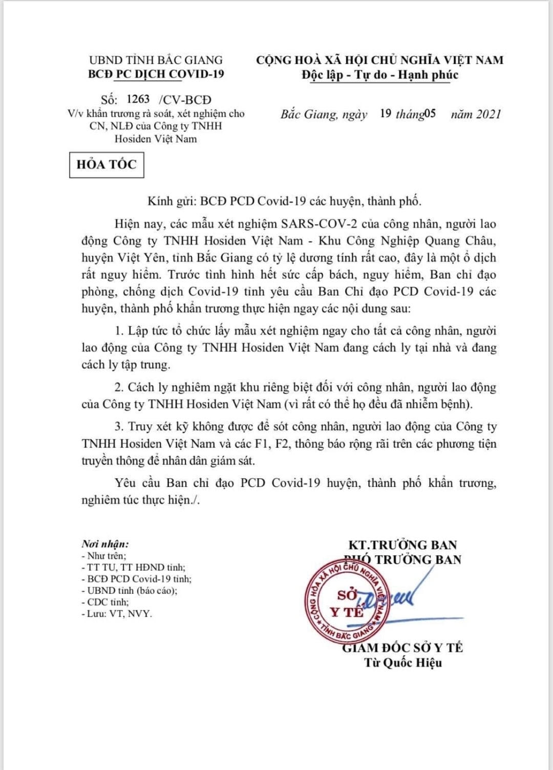 Công văn hỏa tốc được phát đi trong trưa ngày 19/5.
