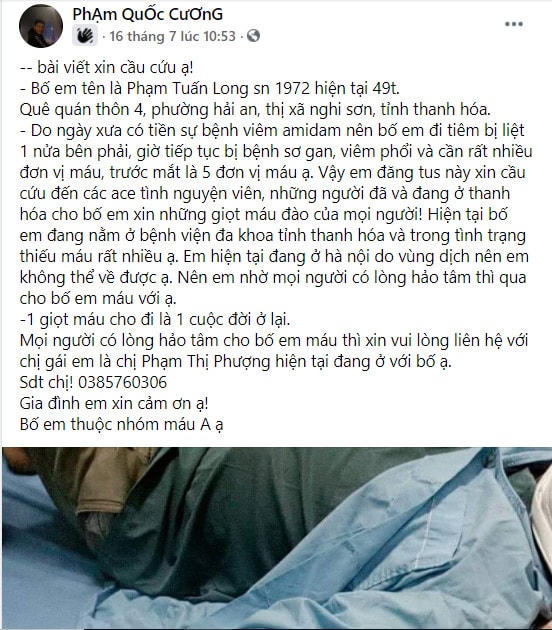 Người thân lên mạng xã hội cầu cứu kiếm tìm máu cho bệnh nhân.